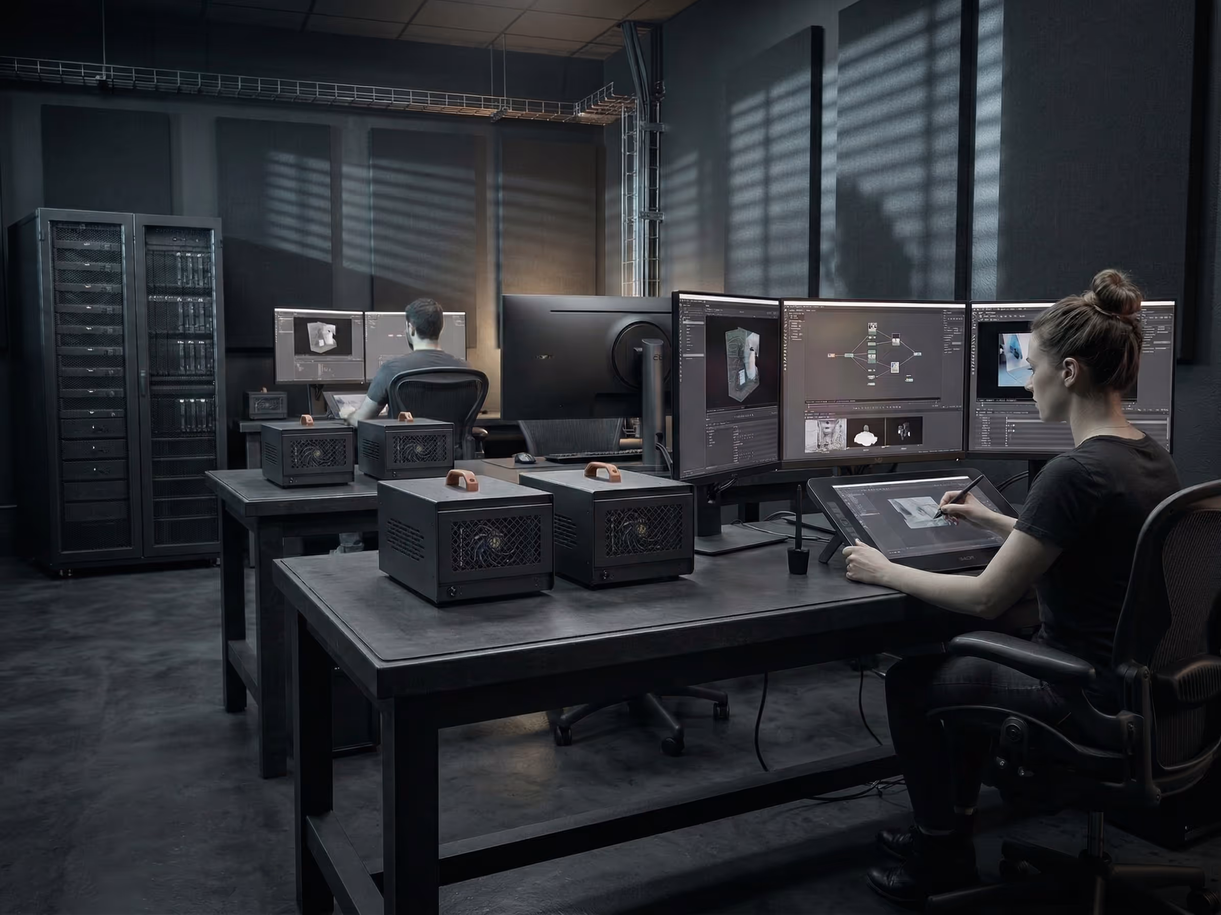 VFX artist working on a multi-monitor workstation running compositing software in a production studio