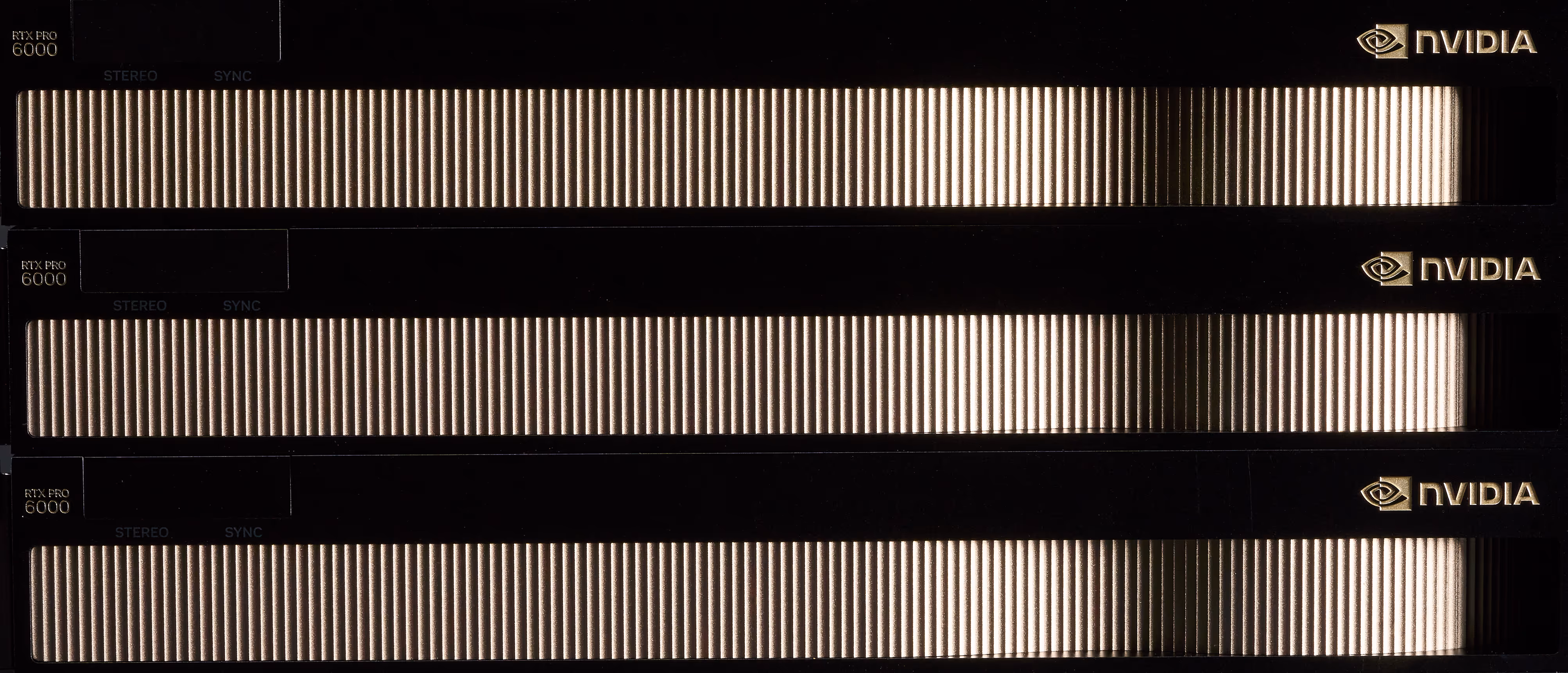 Three NVIDIA RTX PRO 6000 MAX Q GPUs stacked vertically.