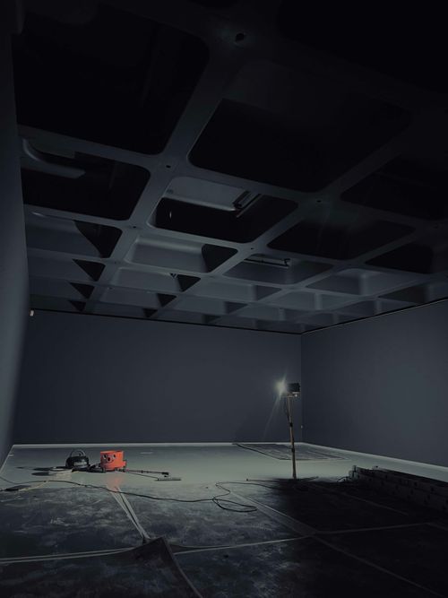 a honey comb ceiling that was spray painted lamp black from the little green paint range using an airless spray setup