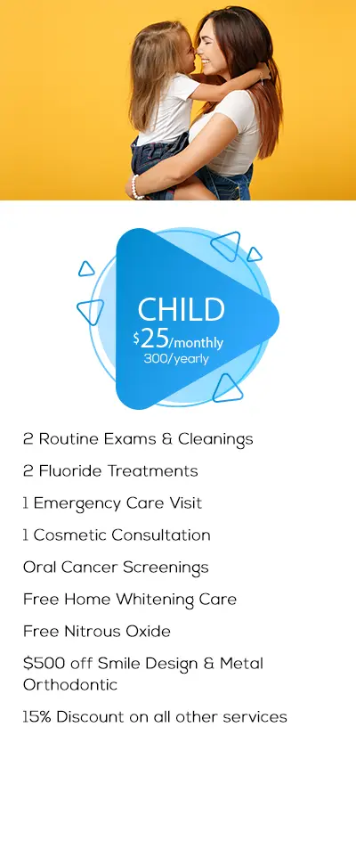 A woman holds a child in her arms, both smiling. List of dental services and prices shown.