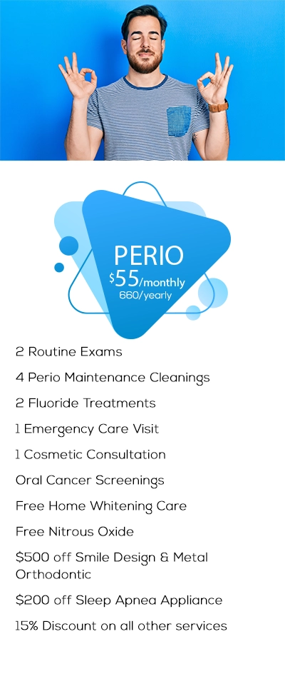 Man with eyes closed, gesturing "okay" with hands. List of dental services and prices displayed below.