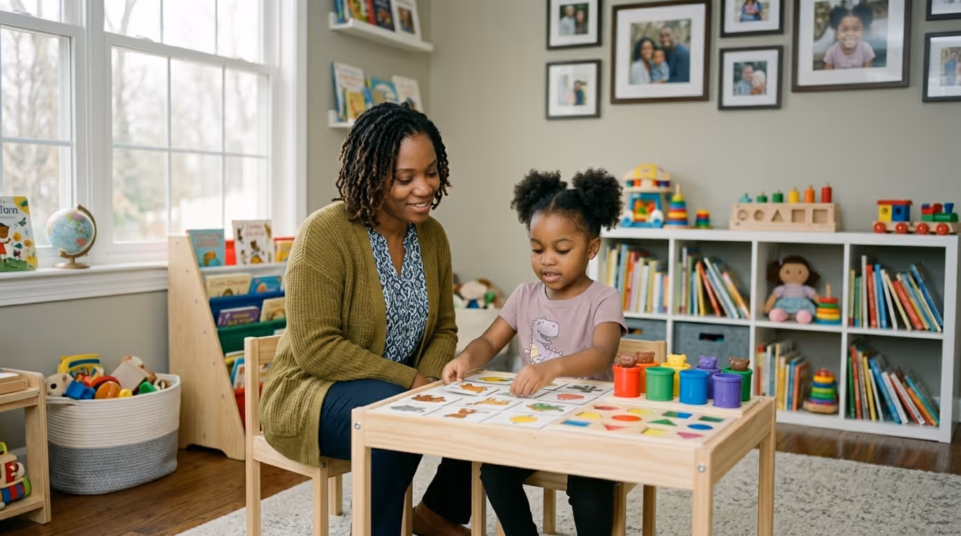 Woman and young girl sitting at a table playing with educational toys in a bright classroom.