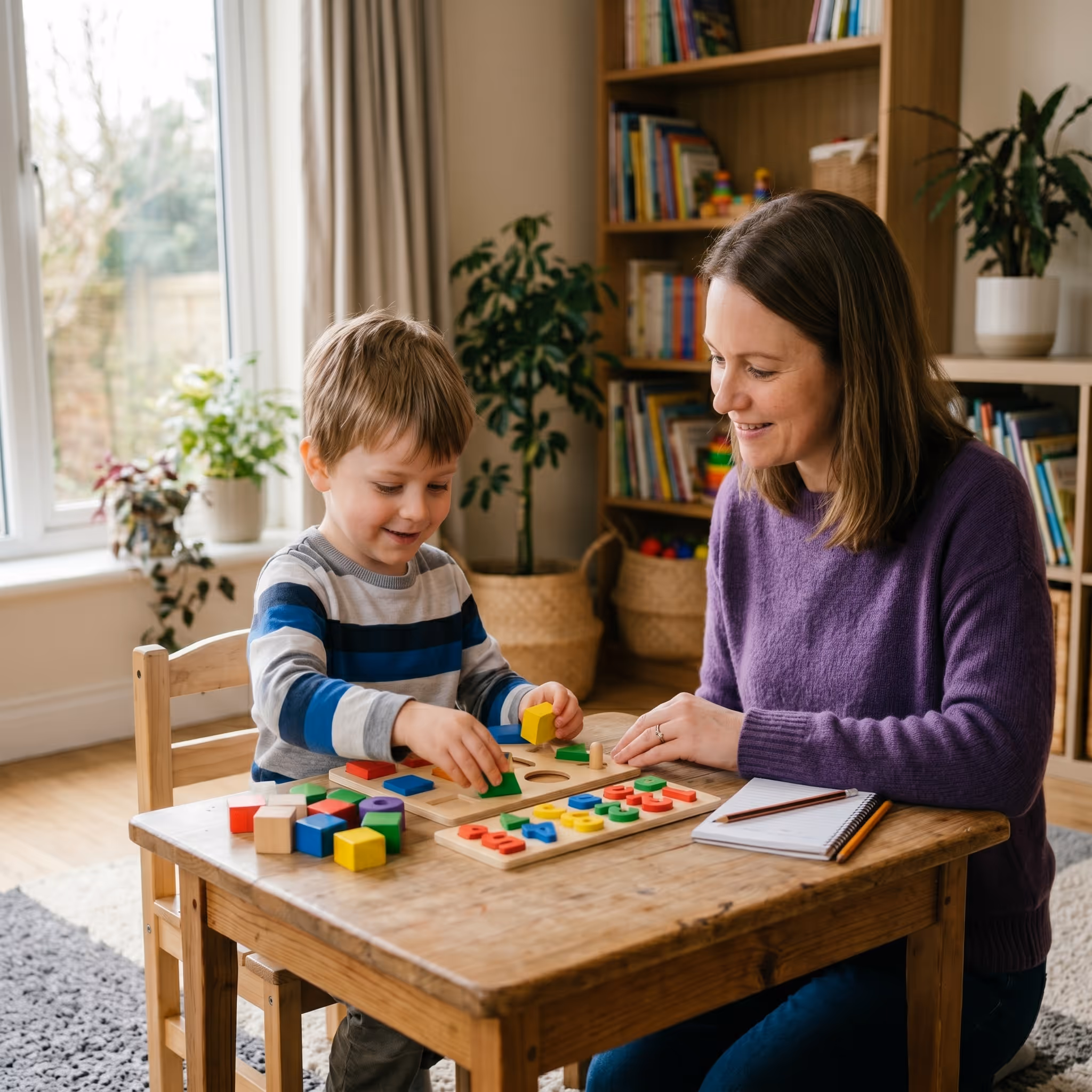 Young boy playing with colorful shape sorter wooden toy at a table with a smiling woman.