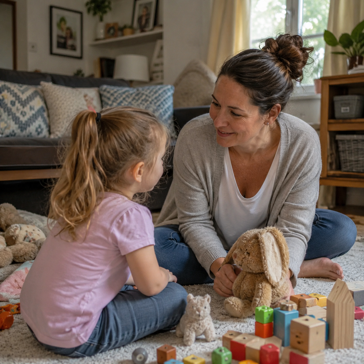 Woman and child sitting on floor facing each other playing with stuffed bunny and wooden blocks.