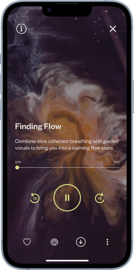 Mobile screen displaying a breathwork session titled “Finding Flow” with calming visuals and playback controls.