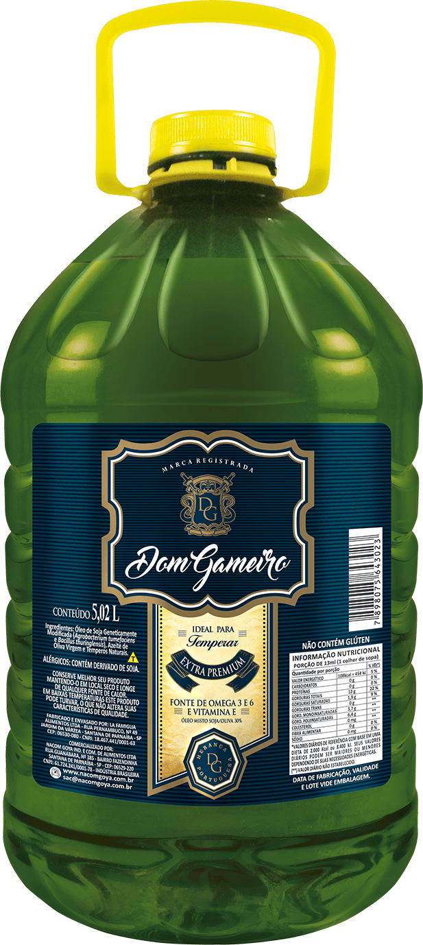 Galão de óleo Misto de Soja e Oliva 30%, usado como tempero em saladas, gerando sabor e um aroma peculiar.