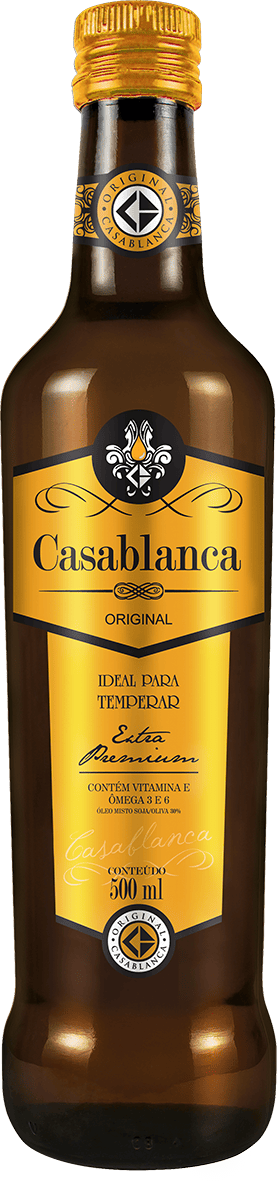 Vidro de óleo Misto de Soja e Oliva 30%, usado como tempero em saladas, gerando sabor e um aroma peculiar.