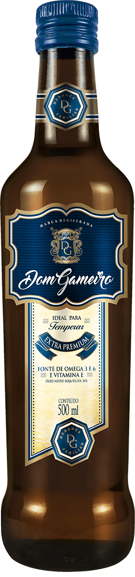 Vidro de óleo Misto de Soja e Oliva 30%, usado como tempero em saladas, gerando sabor e um aroma peculiar.