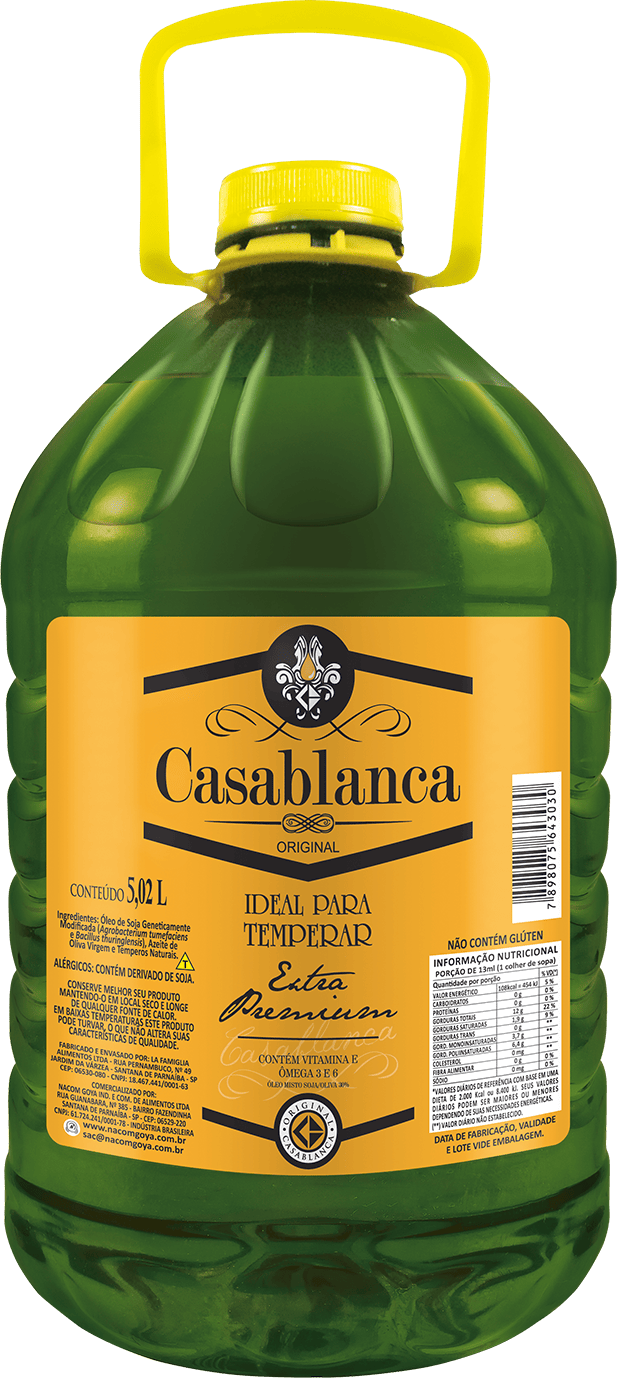 Galão de óleo Misto de Soja e Oliva 30%, usado como tempero em saladas, gerando sabor e um aroma peculiar.