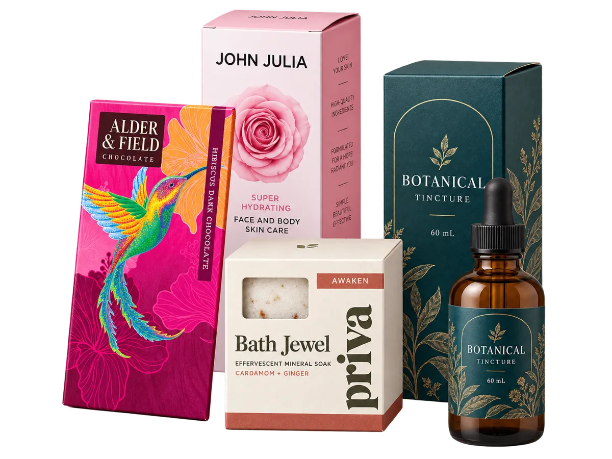 Custom chocolate, skincare, tincture, and bath bomb boxes with a matching bottle label