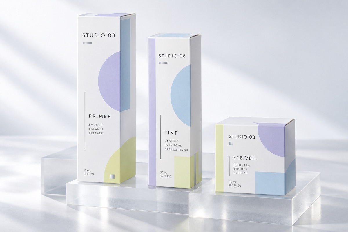 STUDIO 08 primer, skin tint, and eye treatment cartons with a shared pastel graphic system