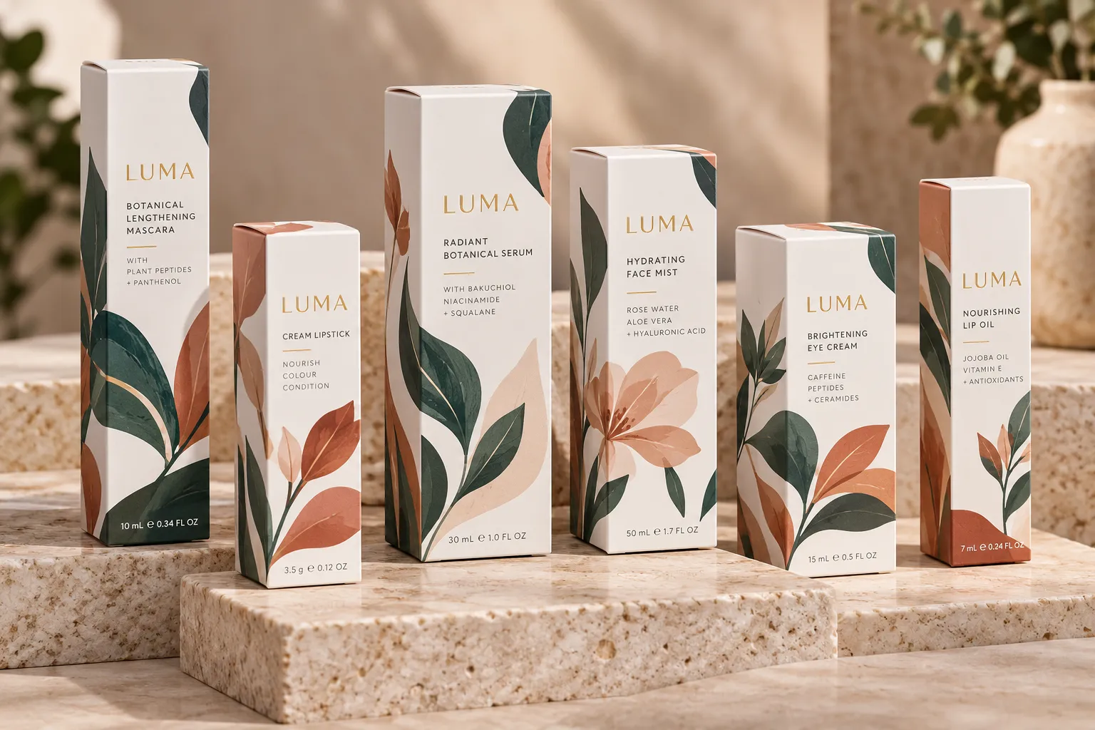 Botanical printed skincare boxes in a coordinated collection