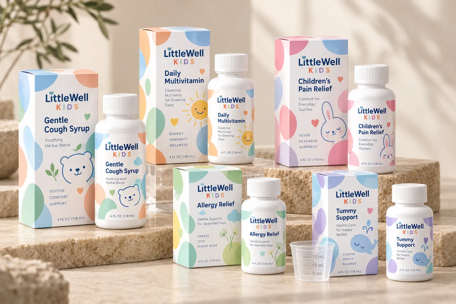 Pediatric product boxes and coordinated bottle labels