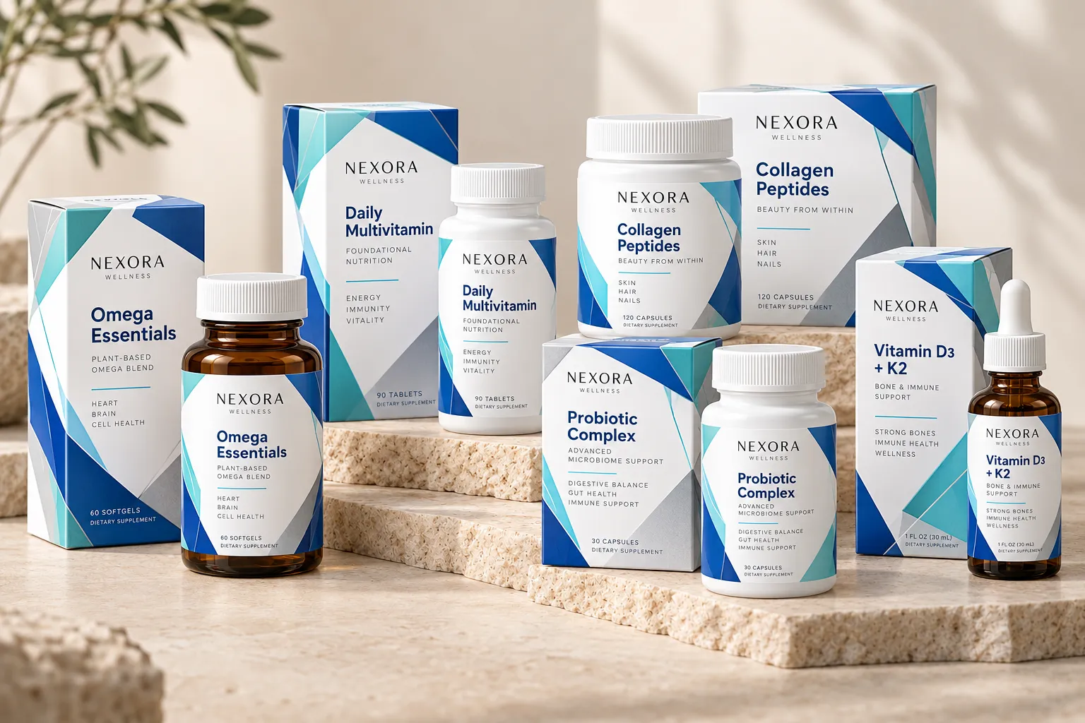 Modern pharmaceutical packaging collection with coordinated colorways