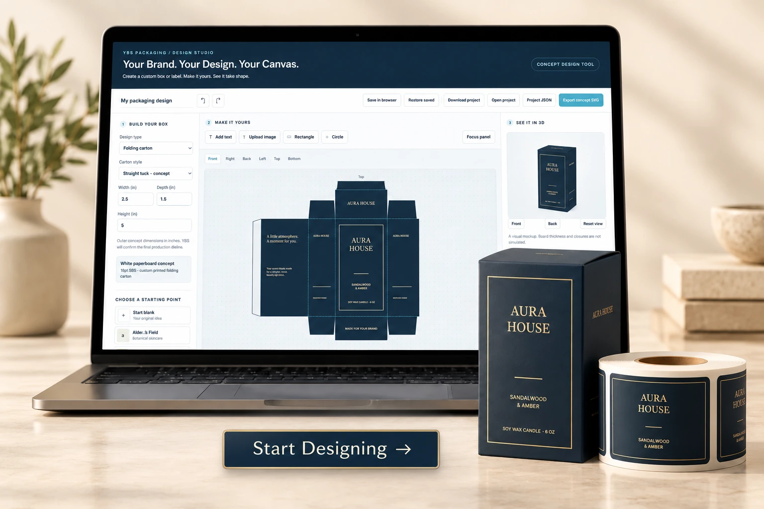 YBS Design Studio on a laptop with navy custom packaging and a Start Designing badge