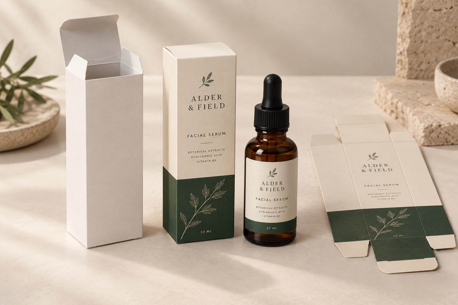 Blank and printed serum carton samples beside a bottle