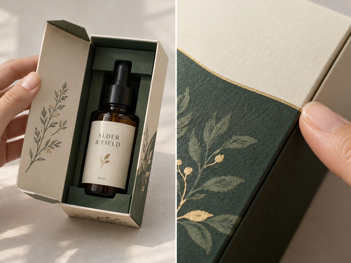 Serum bottle fit and close-up of a printed carton finish