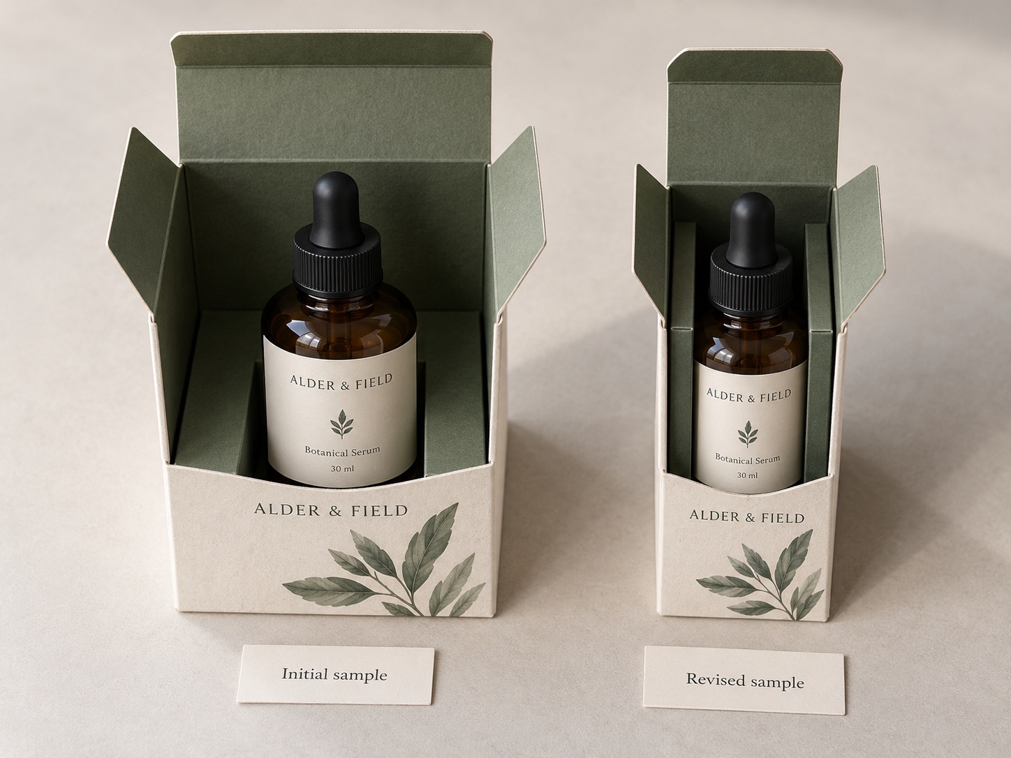 Initial oversized serum packaging and a closer-fitting revision
