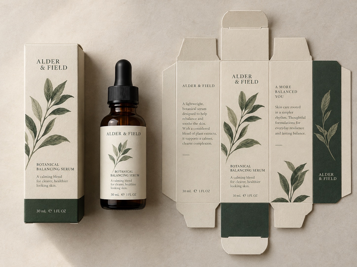 Serum packaging artwork concept beside a bottle and assembled carton