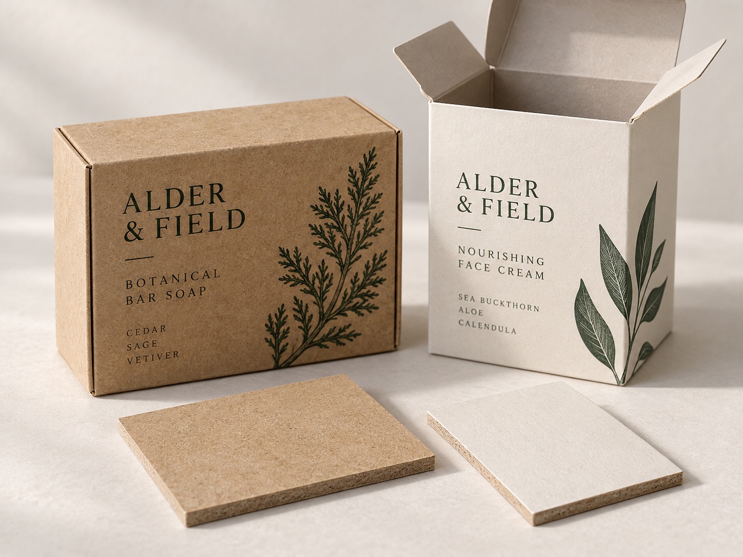 Kraft and white paperboard packages with material swatches