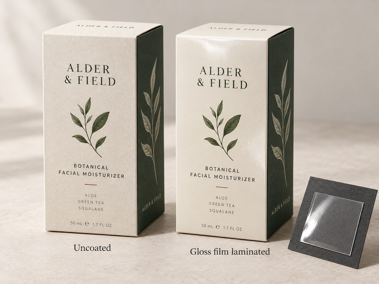 Uncoated and gloss film laminated cartons side by side