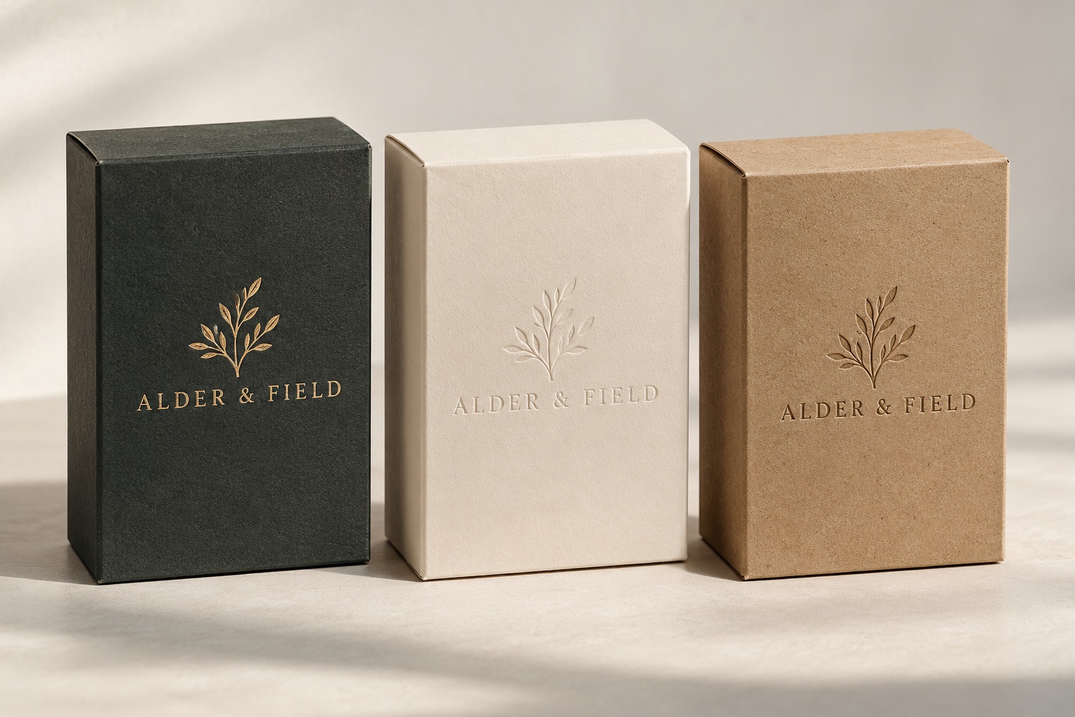 Gold foil, raised embossing, and recessed debossing on paperboard cartons