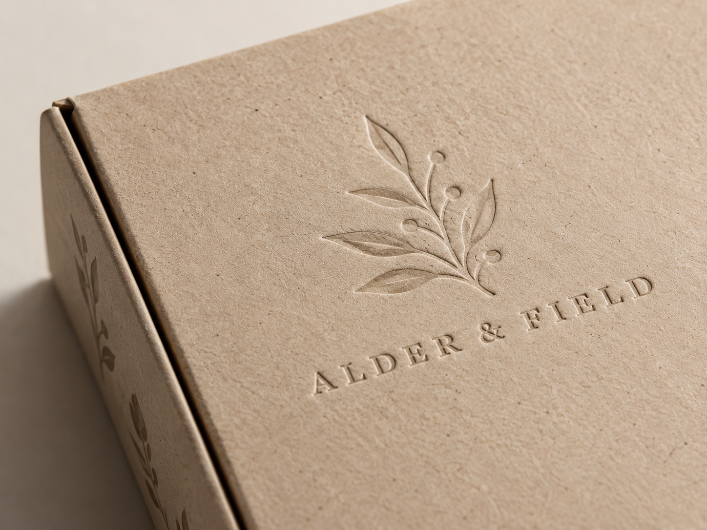 Recessed blind debossed logo on natural paperboard