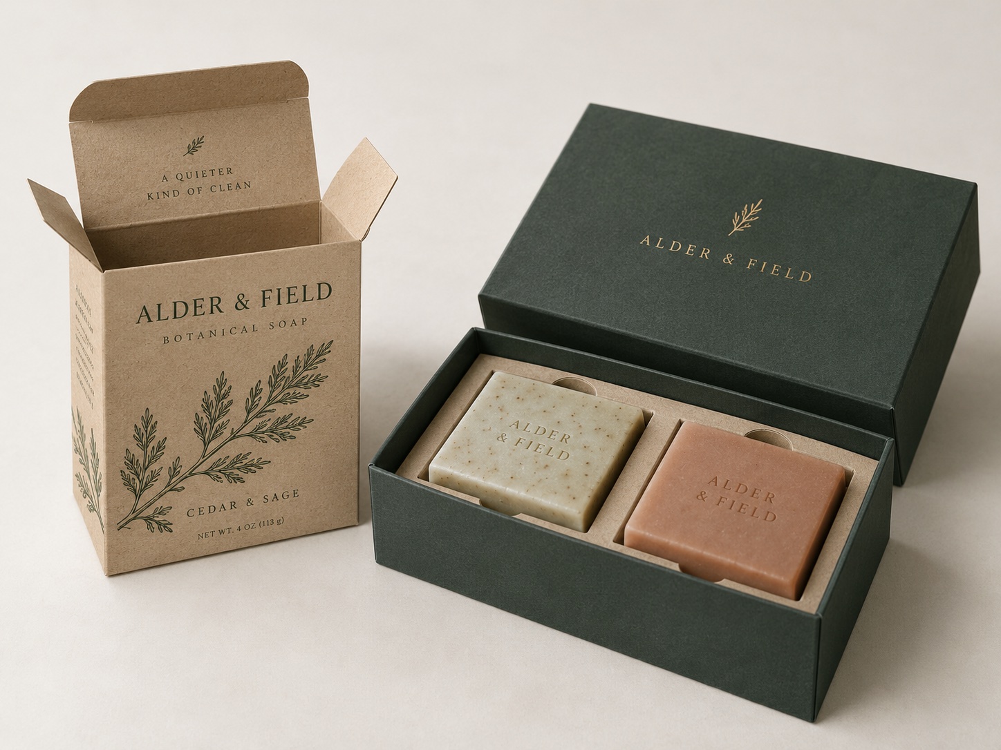 Simple kraft tuck carton beside a finished two-piece soap gift box