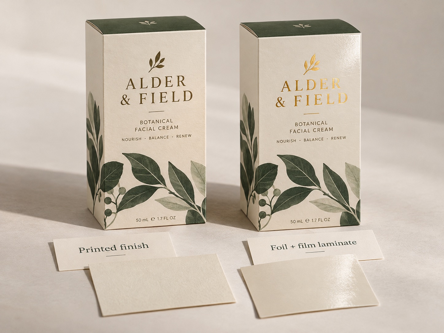 Printed carton finish compared with foil and film laminate