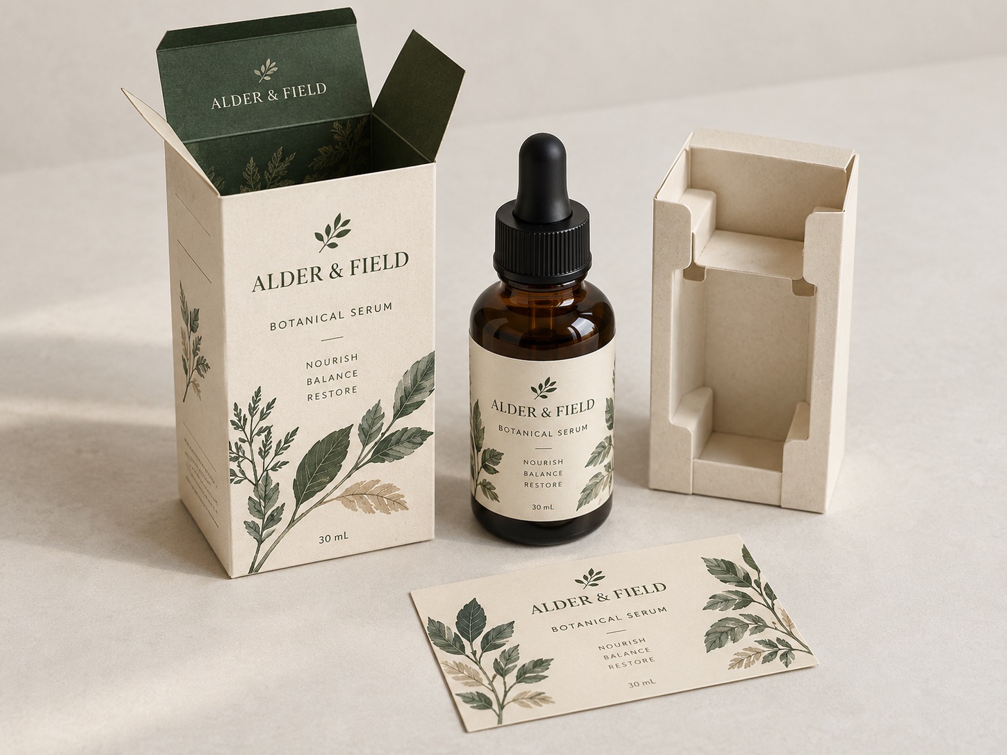 Matching serum carton, bottle label, and protective insert arranged together