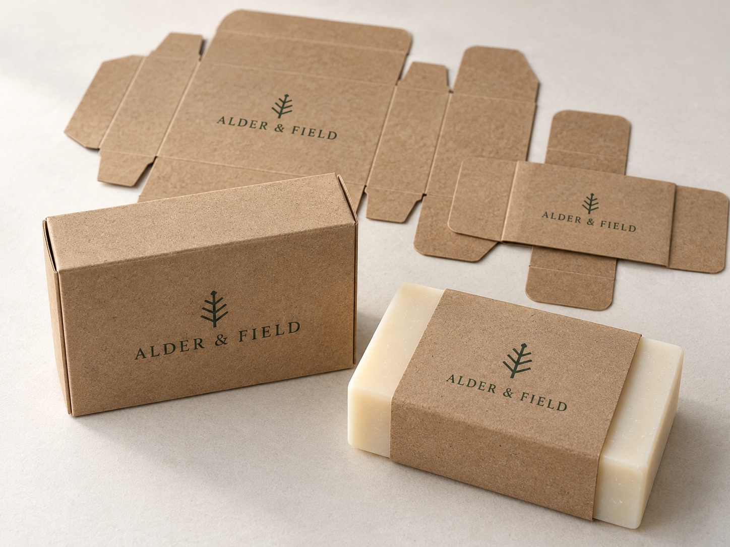 Kraft soap carton and paperboard soap sleeve with restrained printing