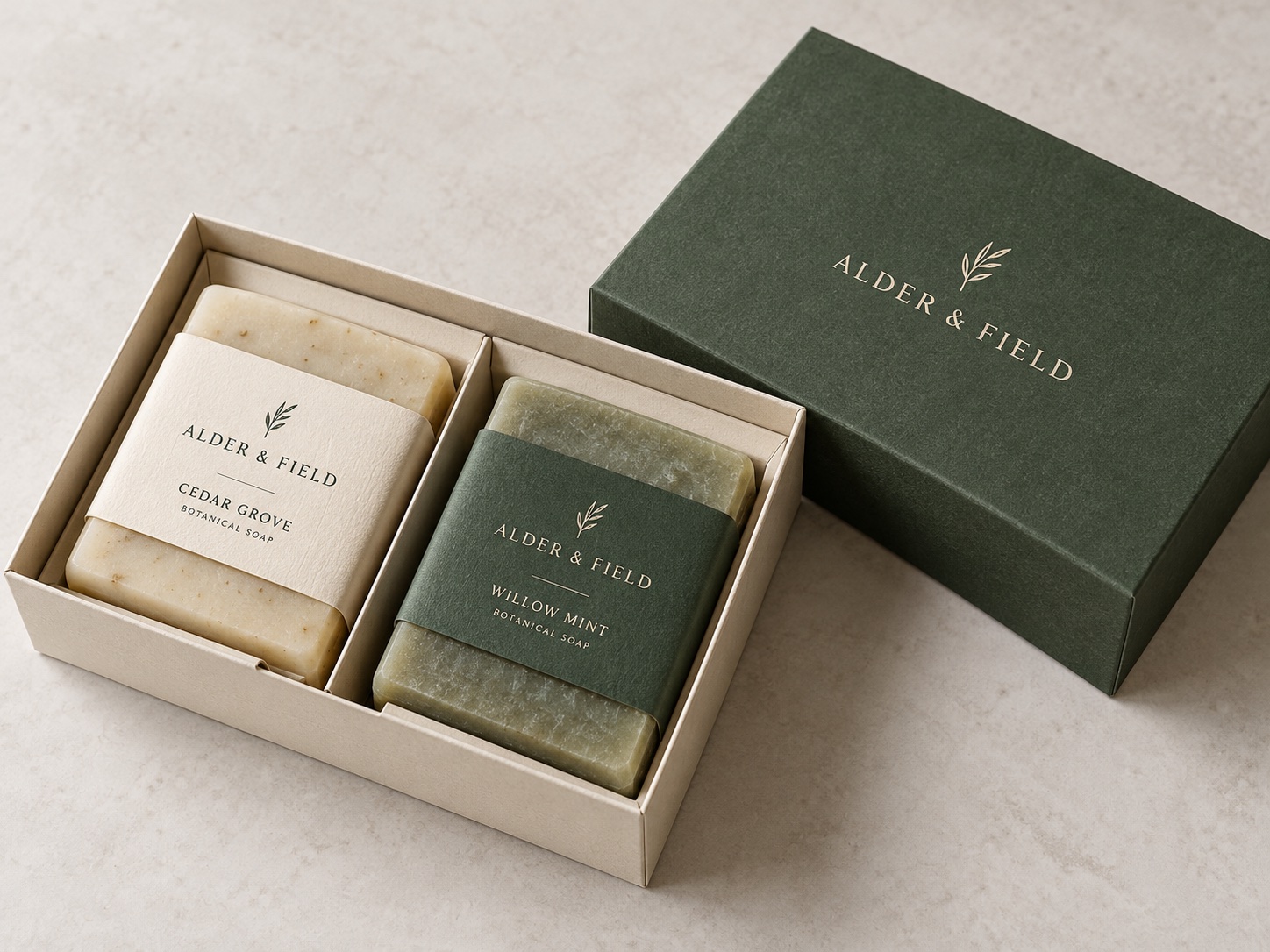 Two-piece base and lid gift box holding two sleeved soap bars