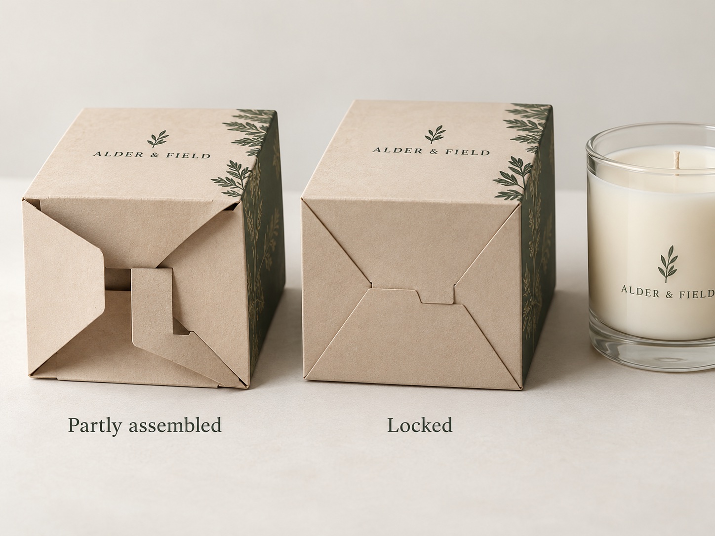 Conceptual comparison of a partly assembled and locked carton bottom
