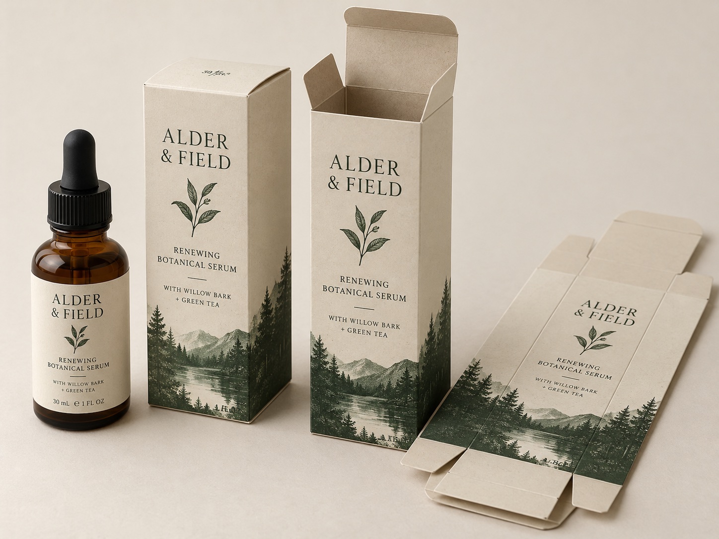 Closed and open tuck-end serum cartons with matching flat packaging