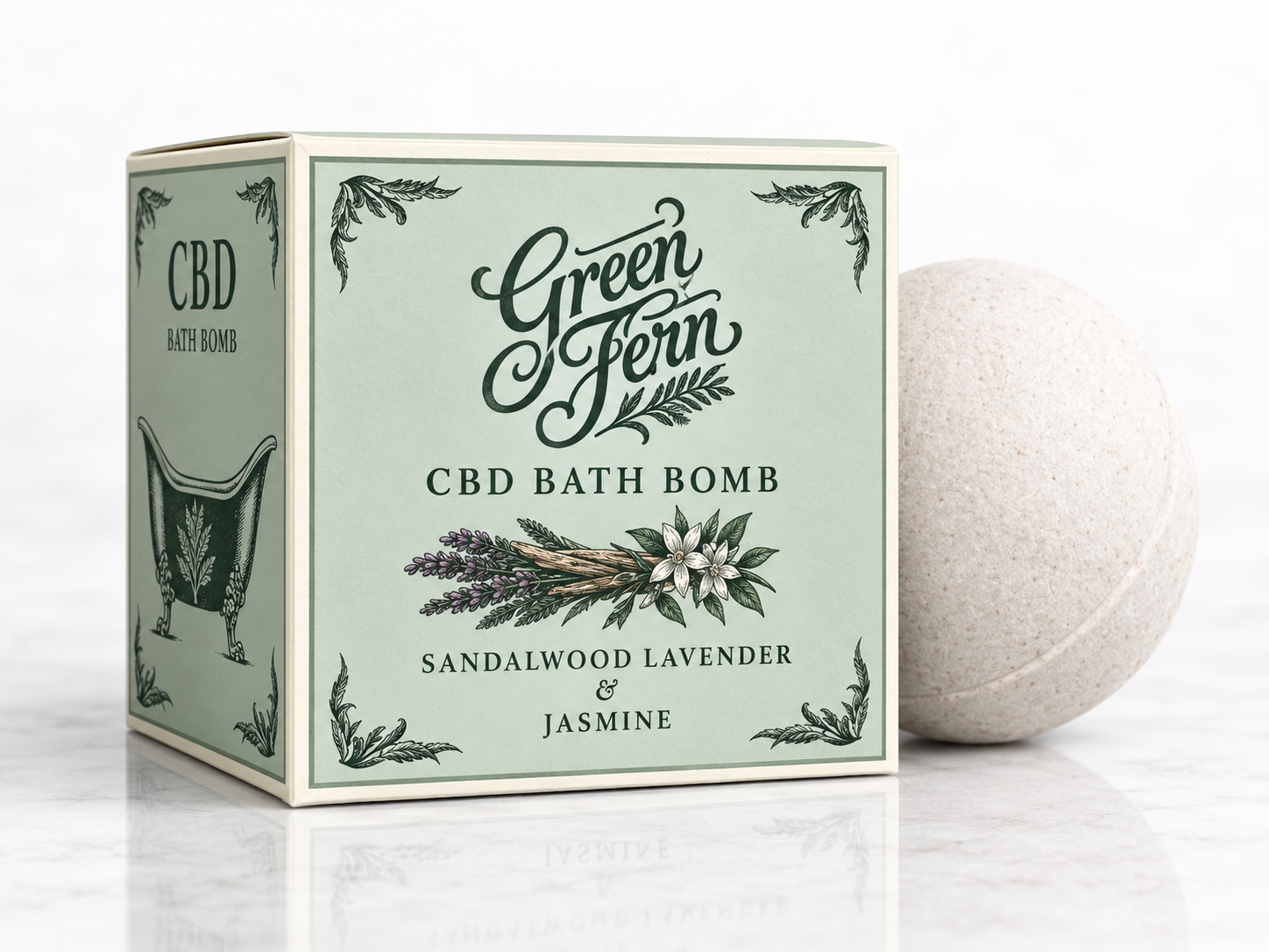 Pale green bath bomb carton with botanical illustrations beside a white bath bomb