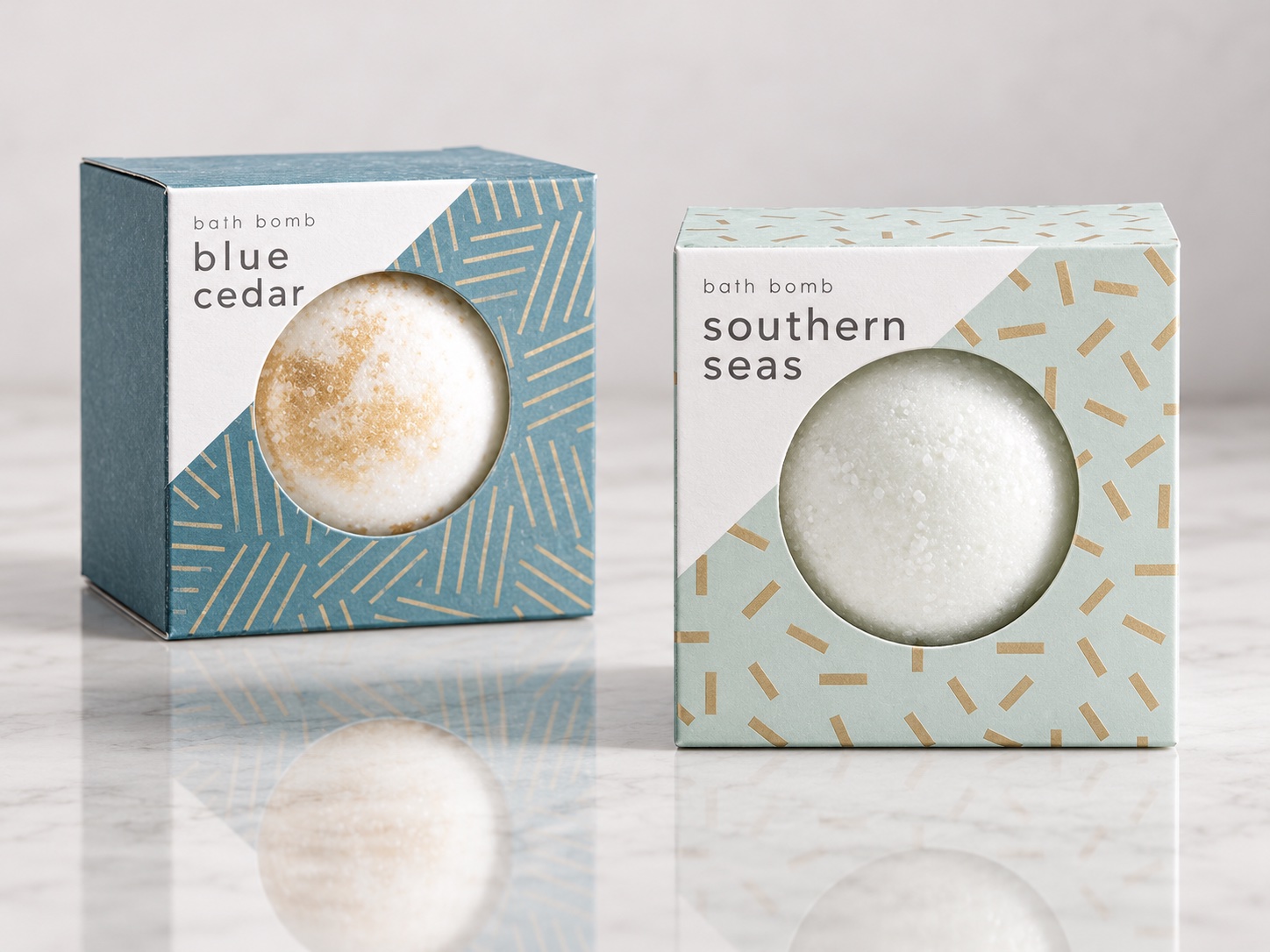 Coordinated bath product cartons with distinct colors and artwork