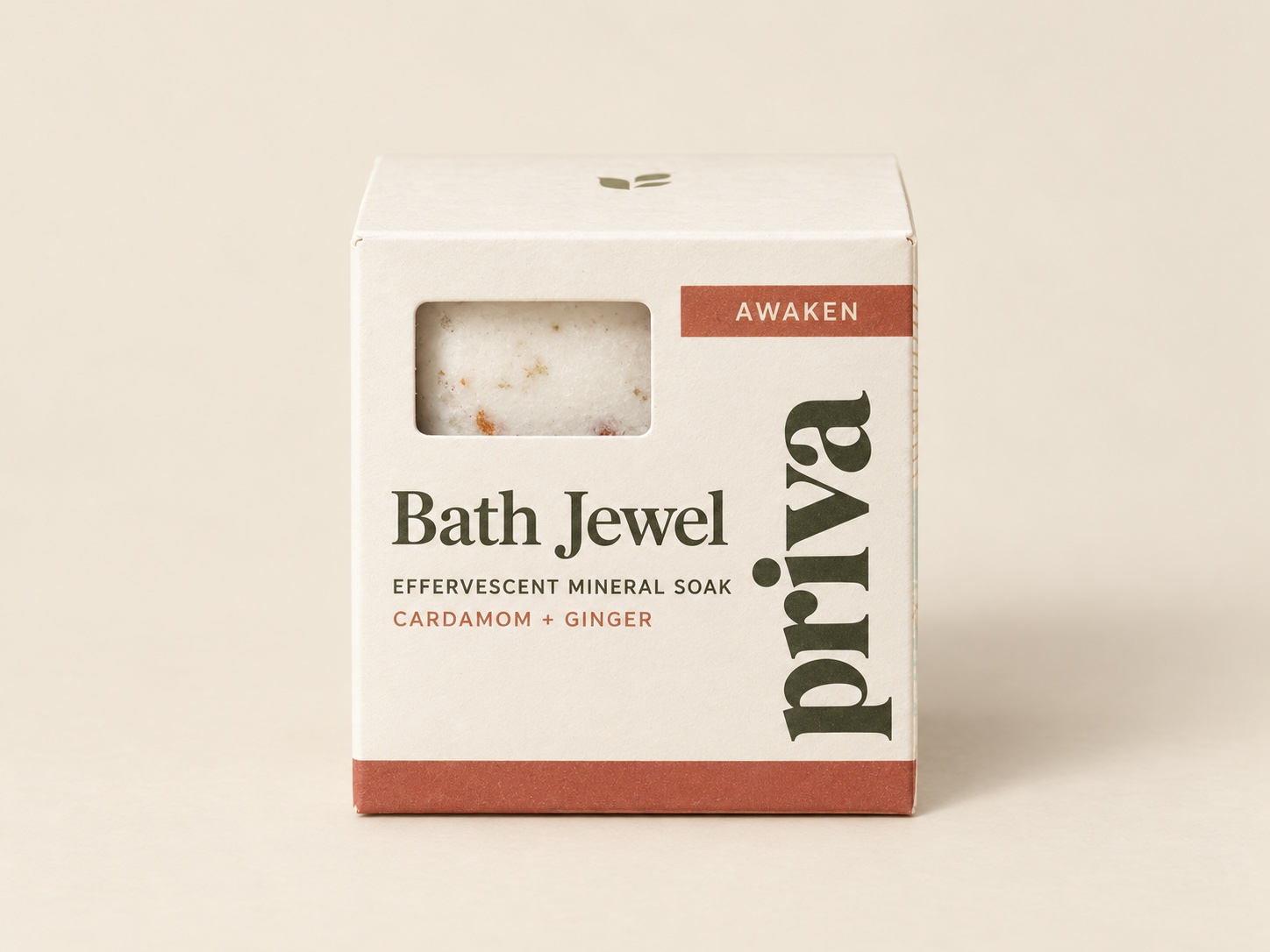Cream bath product carton with a small window and rust-colored accents