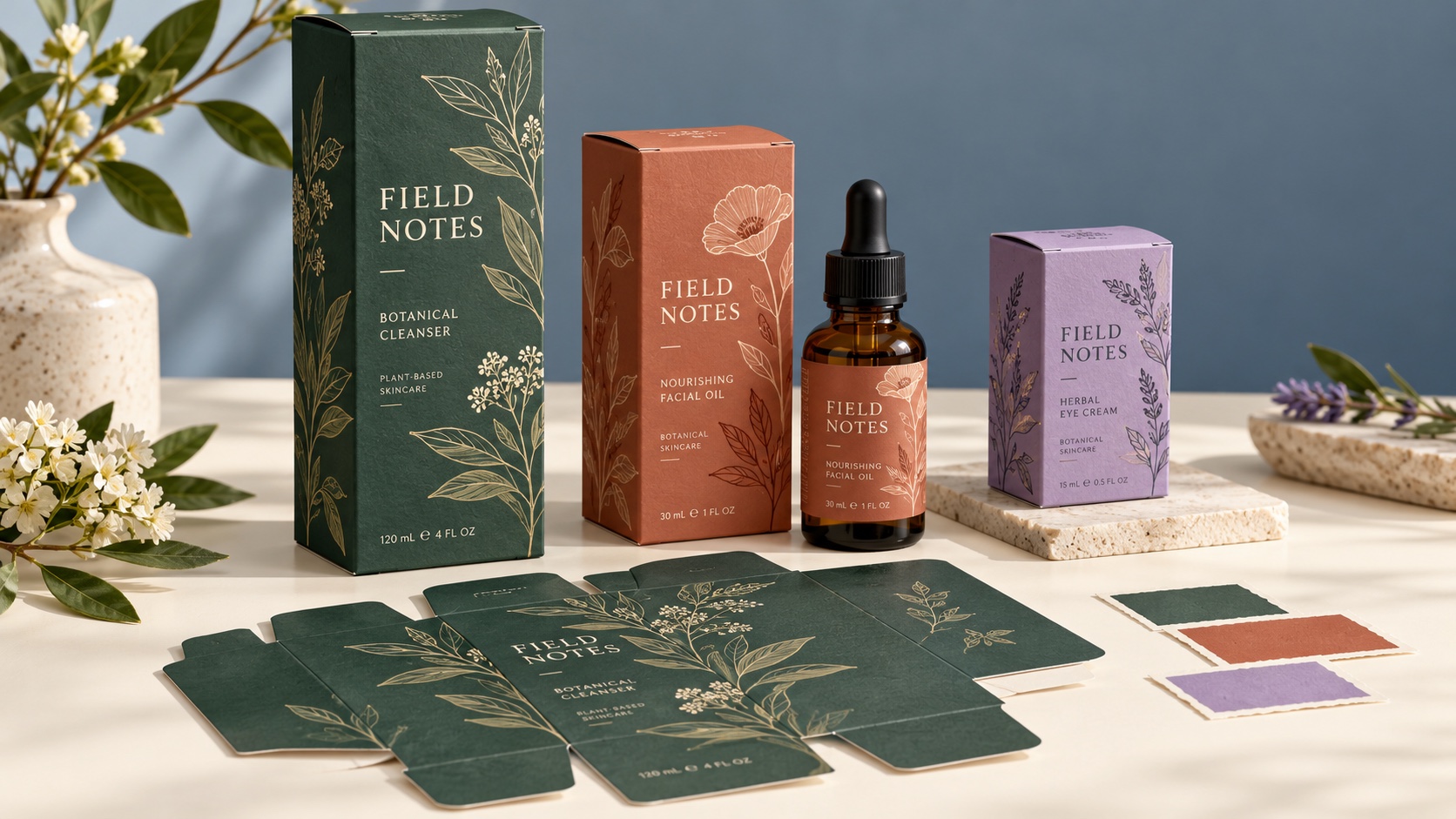 Custom printed skincare folding cartons and a matching bottle label in green, terracotta and lavender