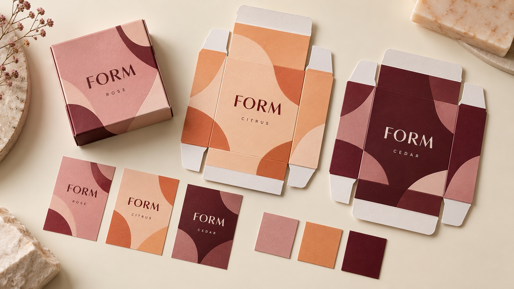 Coordinated rose, apricot and burgundy soap carton and label design concepts