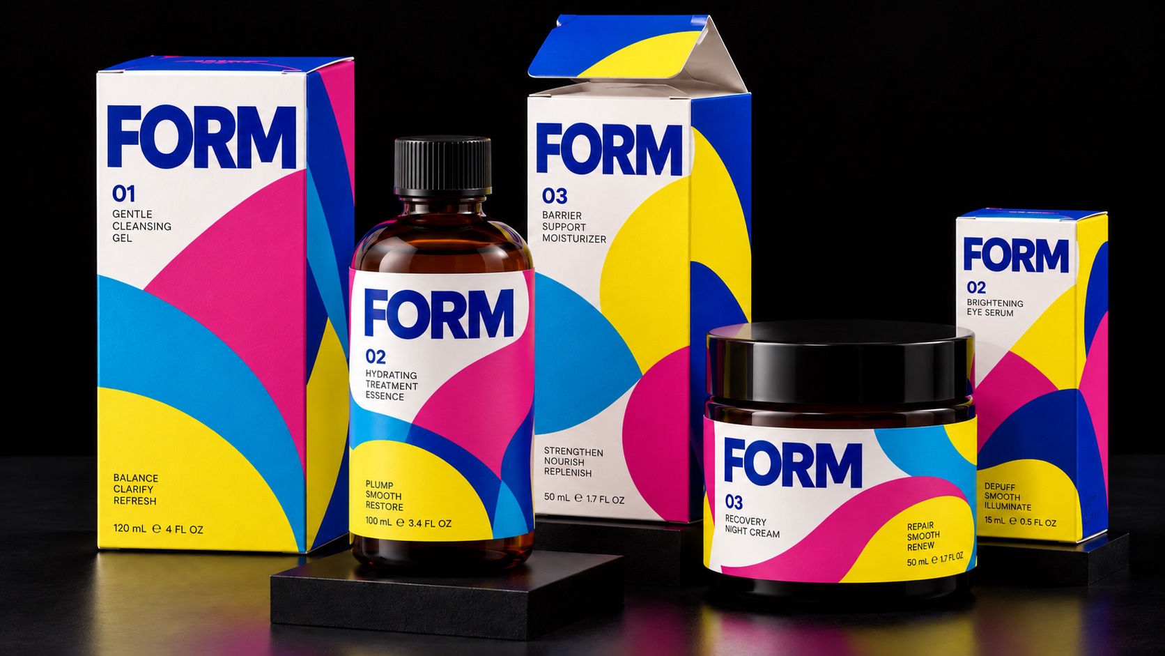 Bold custom folding carton and matching bottle label concept in cyan, magenta, yellow and blue