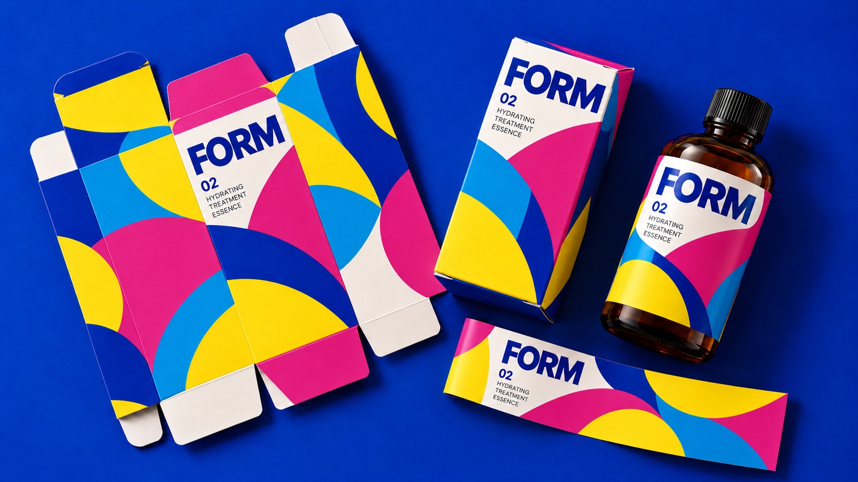Close view of bold printed folding carton artwork and a coordinating label design