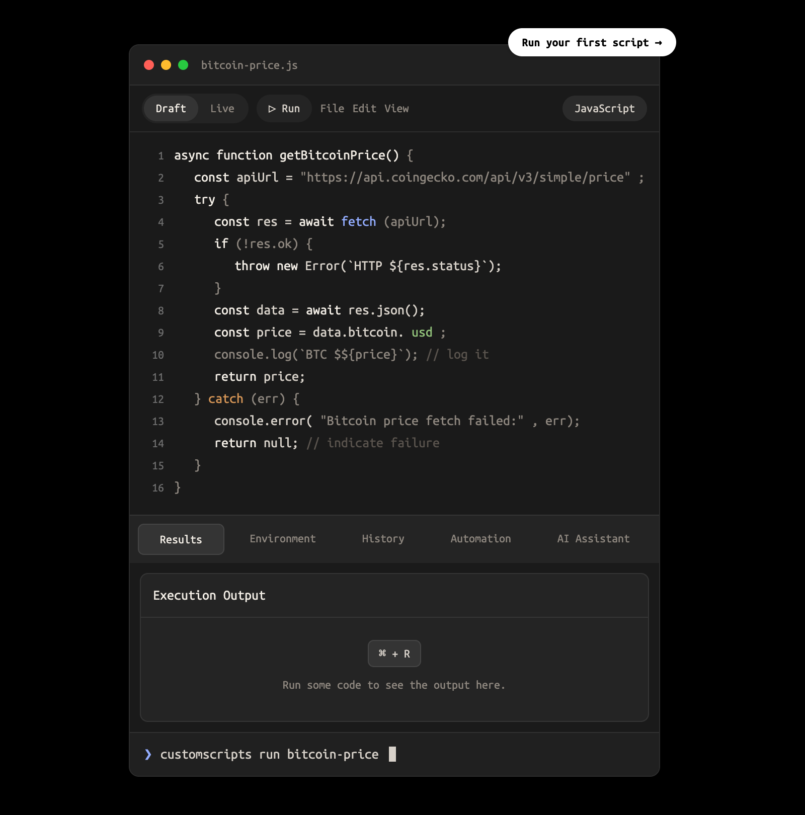CustomScripts editor running a Bitcoin price checker script