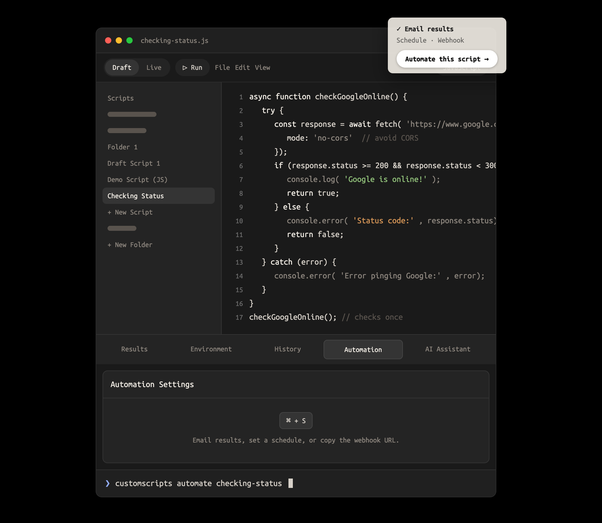 CustomScripts workspace with a status-check script and automation settings