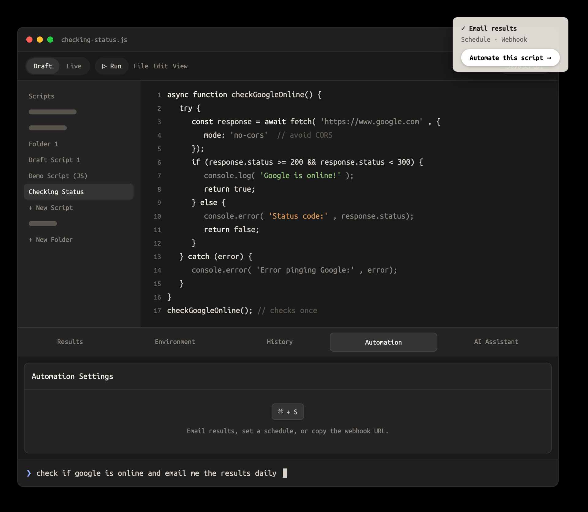 CustomScripts workspace with a status-check script and automation settings