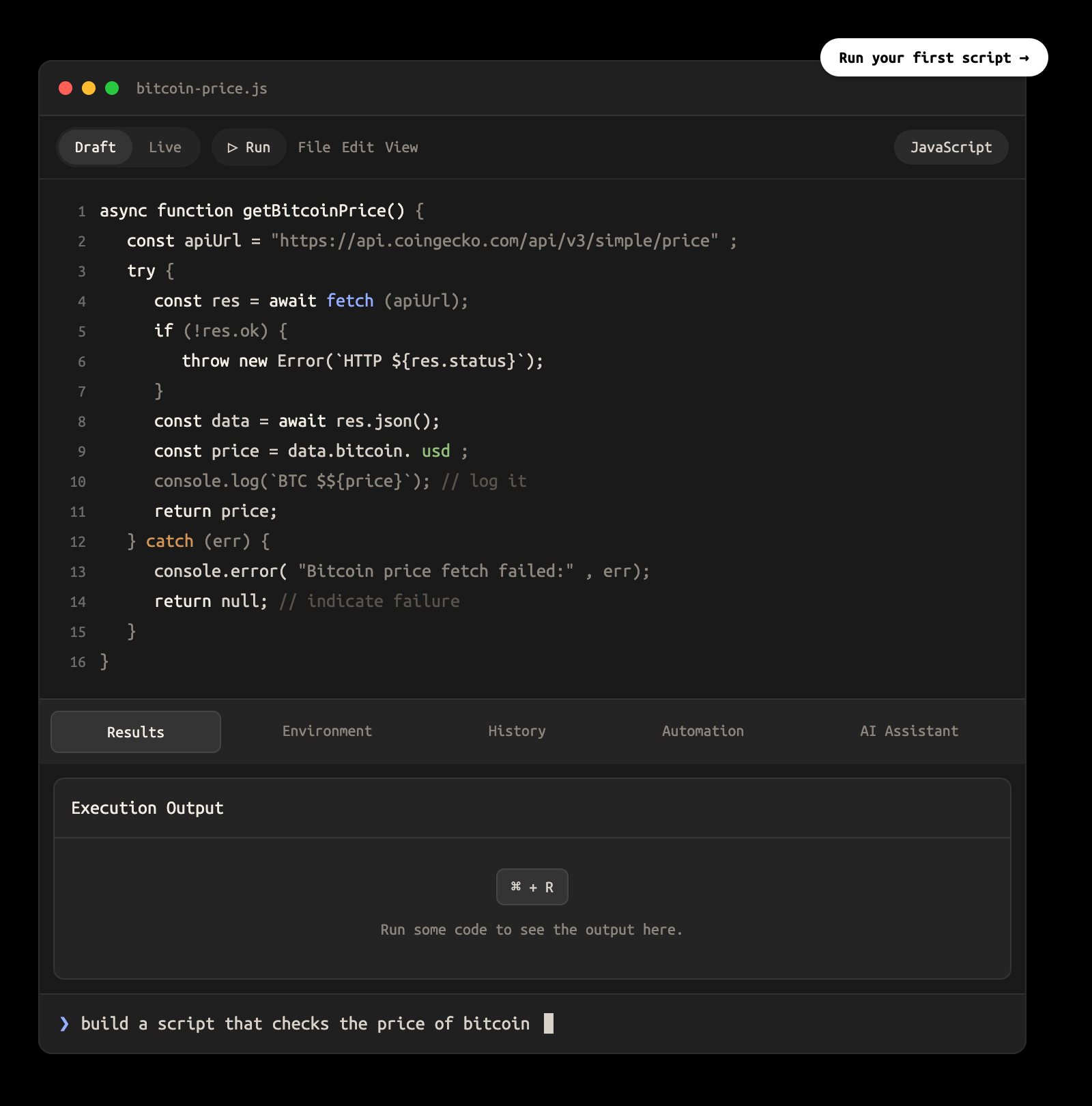 CustomScripts editor running a Bitcoin price checker script