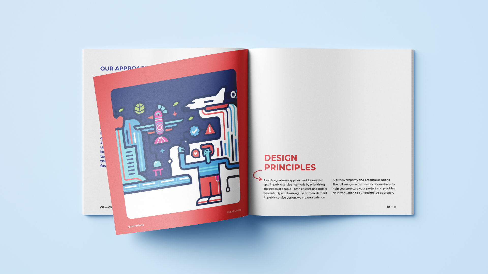 A mockup of an open booklet on a light blue surface. The left page features a colorful illustration in a red frame, depicting futuristic and abstract elements like rockets, plants, and a stylized person holding a phone. The right page, titled “DESIGN PRINCIPLES” in bold red text, includes supporting body text describing a design-driven approach in public service.