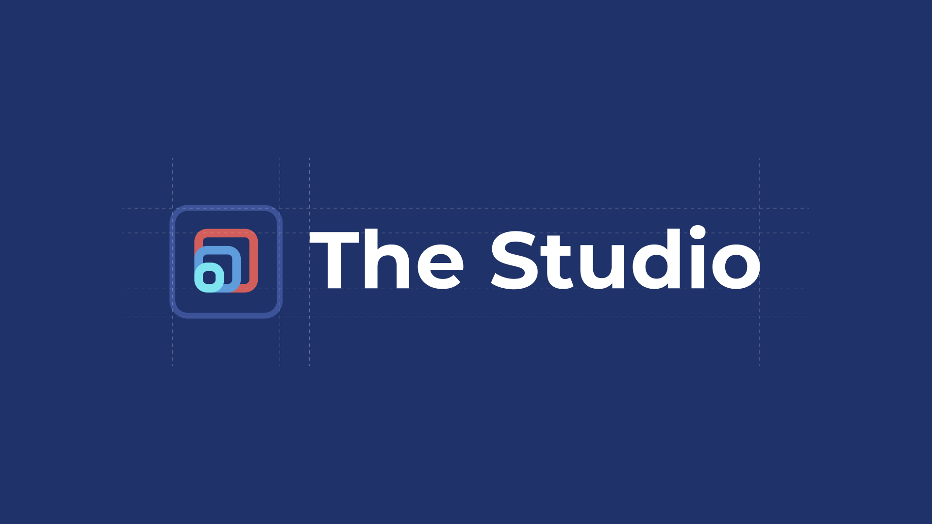 A dark blue background featuring the logo and wordmark for “The Studio.” The logo consists of layered, rounded square shapes in red, blue, and teal. The word “The Studio” is written in bold white sans-serif type, aligned to the right of the logo, with gridlines faintly visible behind for alignment.