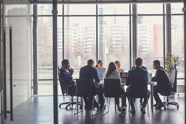 Eight professionals sitting in a meeting room at a long table discussing business