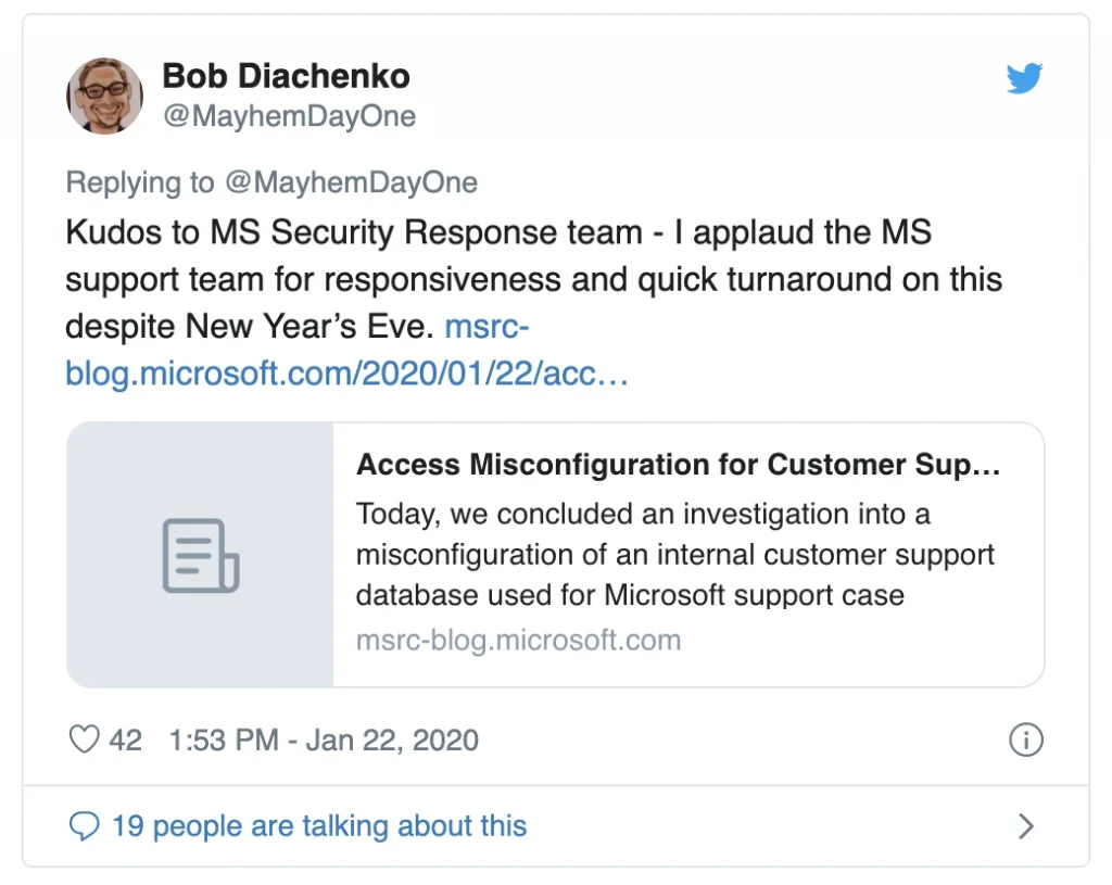 Bob Diachenko agradece Microsof por rápida resposta