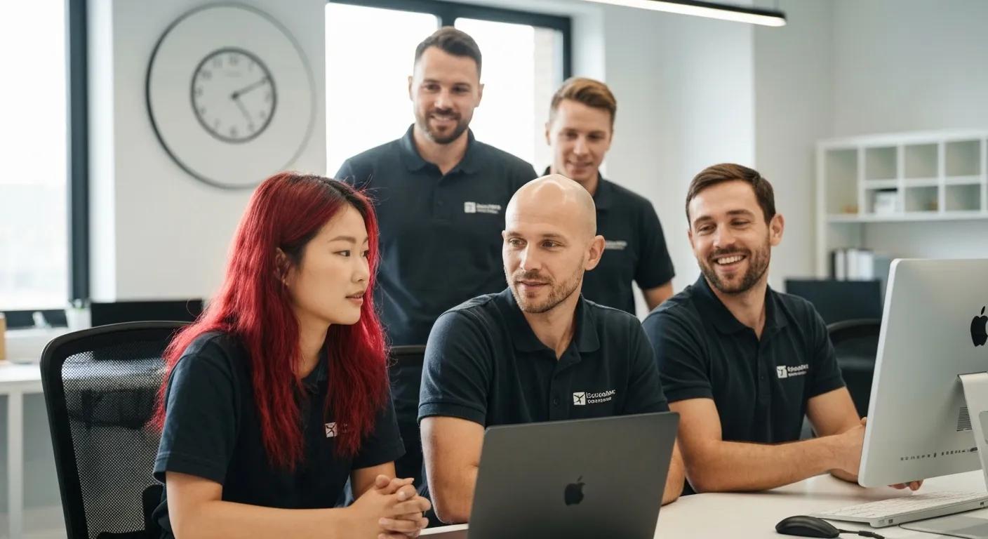 Home service professionals collaborating in a modern workspace, showcasing teamwork and expertise